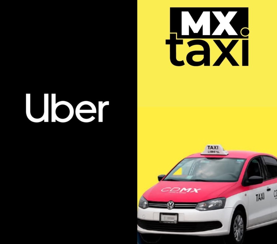 Logos de Uber y MX Taxi junto a un taxi de Ciudad de México representando alianza de transporte.