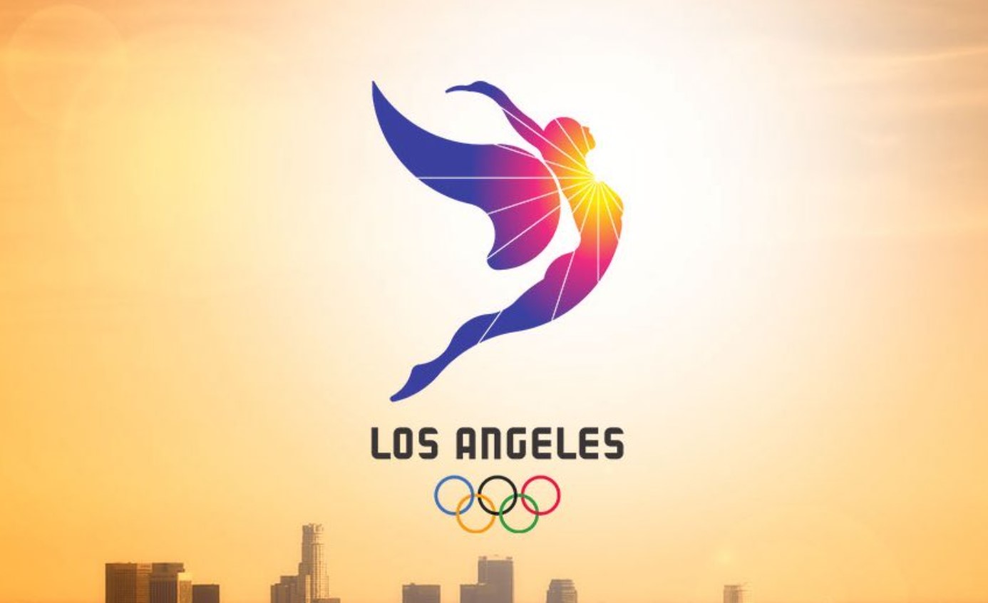 Logotipo de Juegos Olímpicos Los Ángeles con figura estilizada y anillos olímpicos.