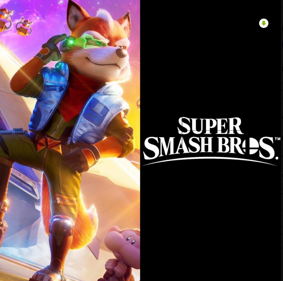 Personaje Fox McCloud junto al logo de Super Smash Bros en imagen promocional estilo videojuego.
