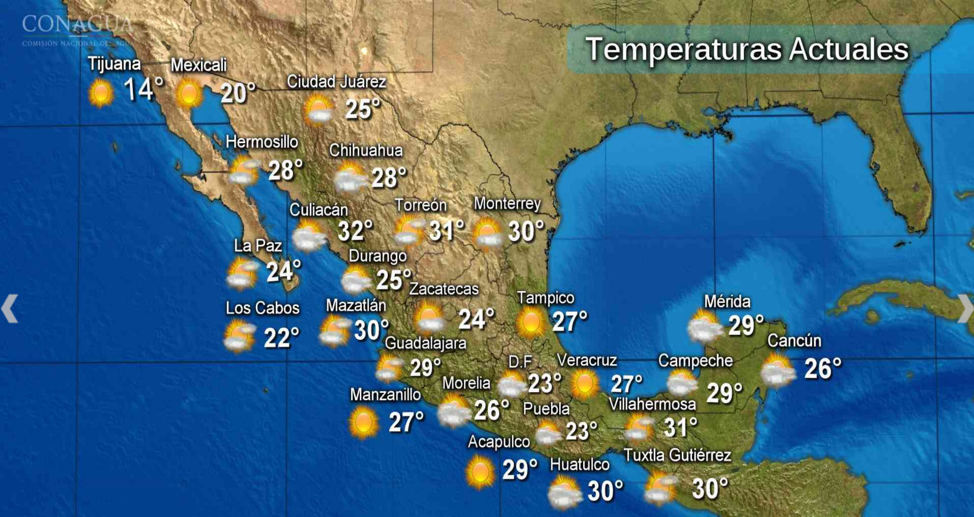 mapa de temperaturas actuales en México con datos meteorológicos y pronóstico climático
