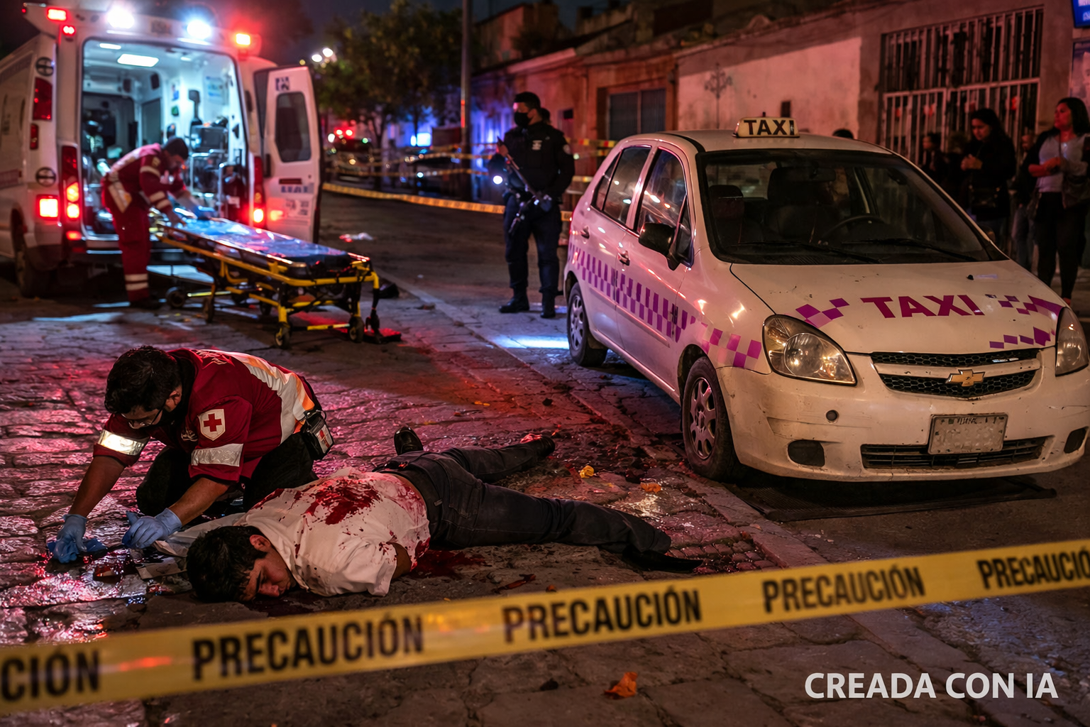 Paramédicos atienden a un taxista herido tras un asalto armado en Atlixco Puebla durante un intento de robo de vehículo.