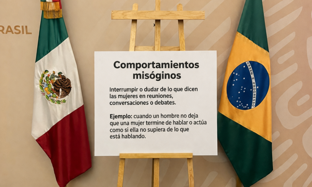 Cartel sobre comportamientos misóginos entre banderas de México y Brasil en contexto institucional.
