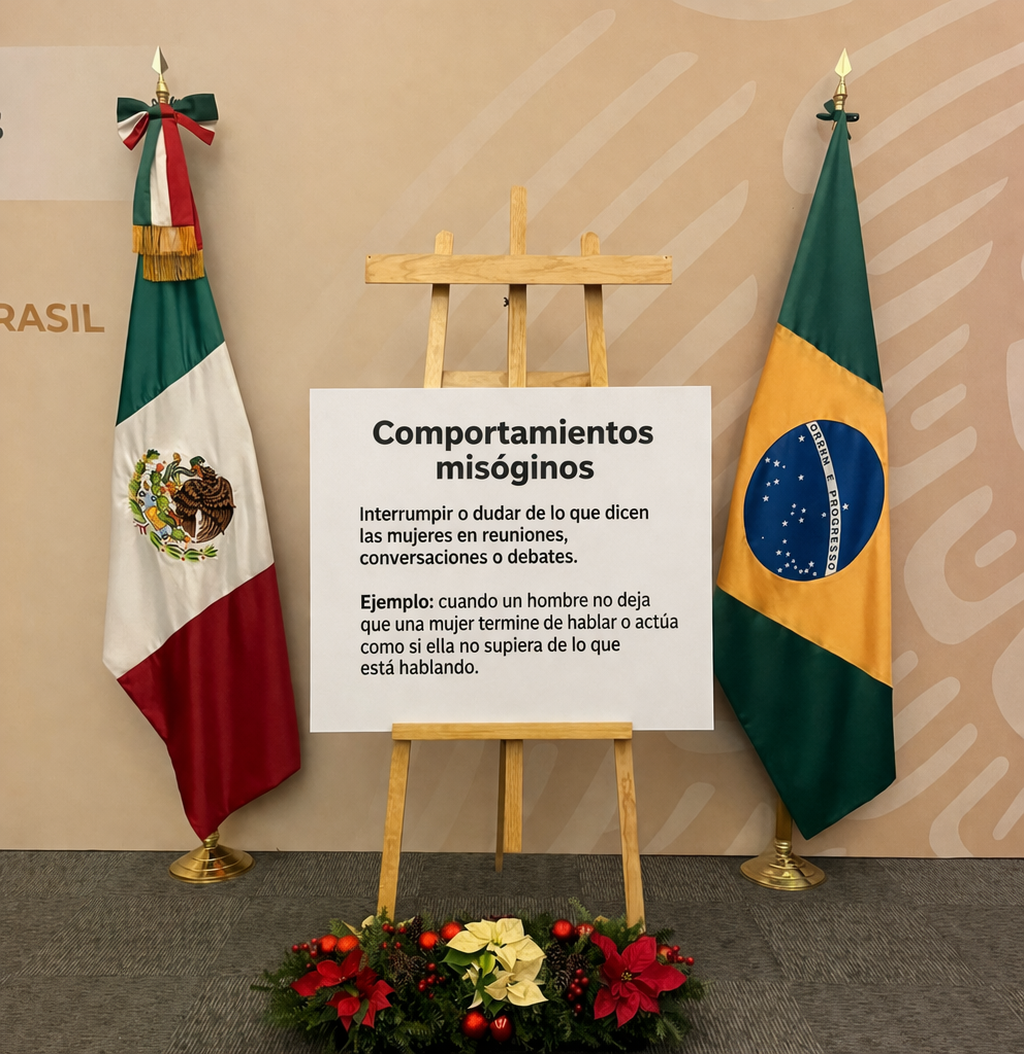 Cartel sobre comportamientos misóginos entre banderas de México y Brasil en contexto institucional.