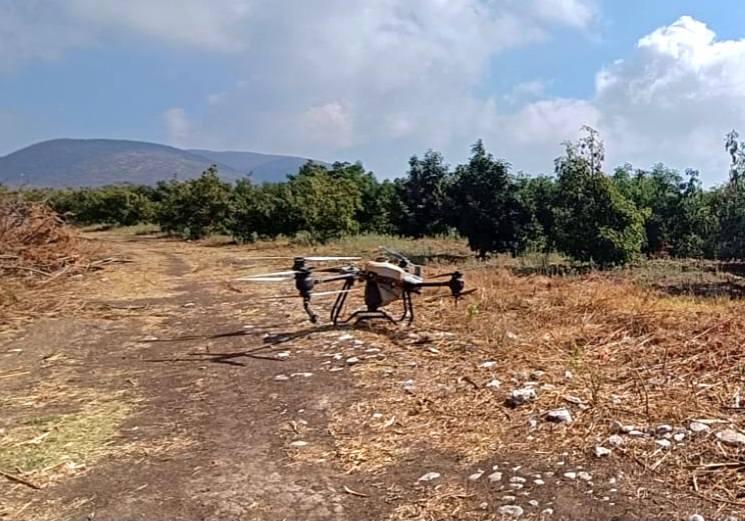 Drone agrícola fumigando terreno en Huaquechula Puebla como parte de programa de tecnificación del campo