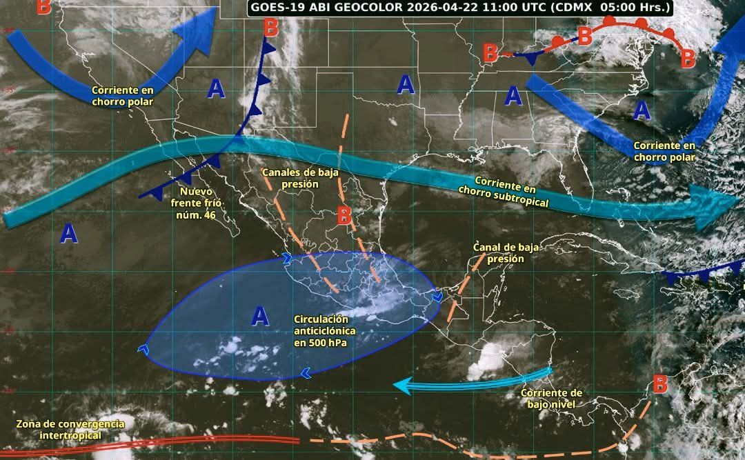 Mapa meteorológico con sistemas atmosféricos que afectan el clima en México y Puebla