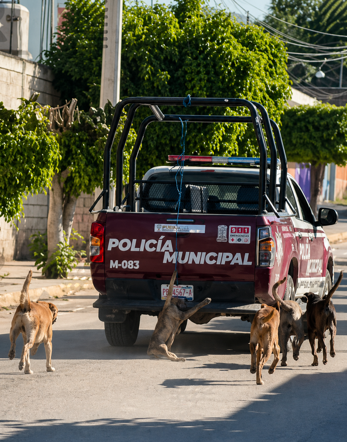 Patrulla de policía municipal circula con perros detrás en calle de Puebla generando denuncia por posible maltrato animal.