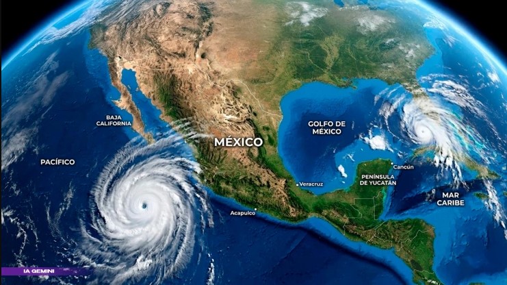 Mapa satelital de México mostrando huracanes en el Pacífico y el Golfo durante la temporada ciclónica