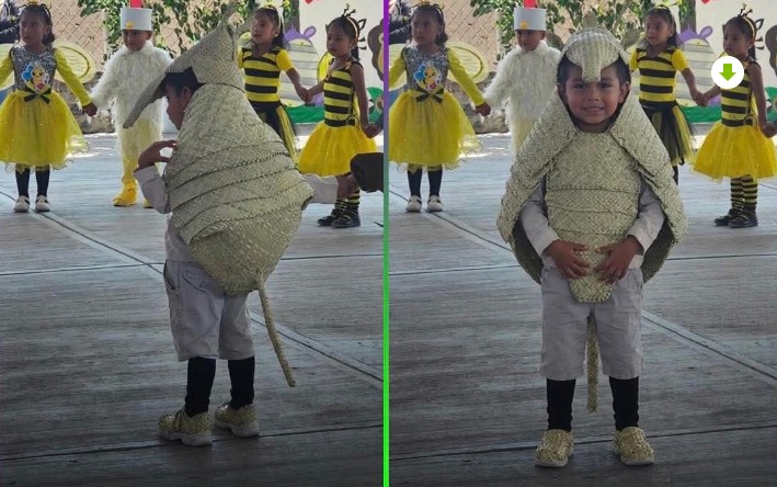 Niño con disfraz de armadillo hecho a mano en festival escolar en México