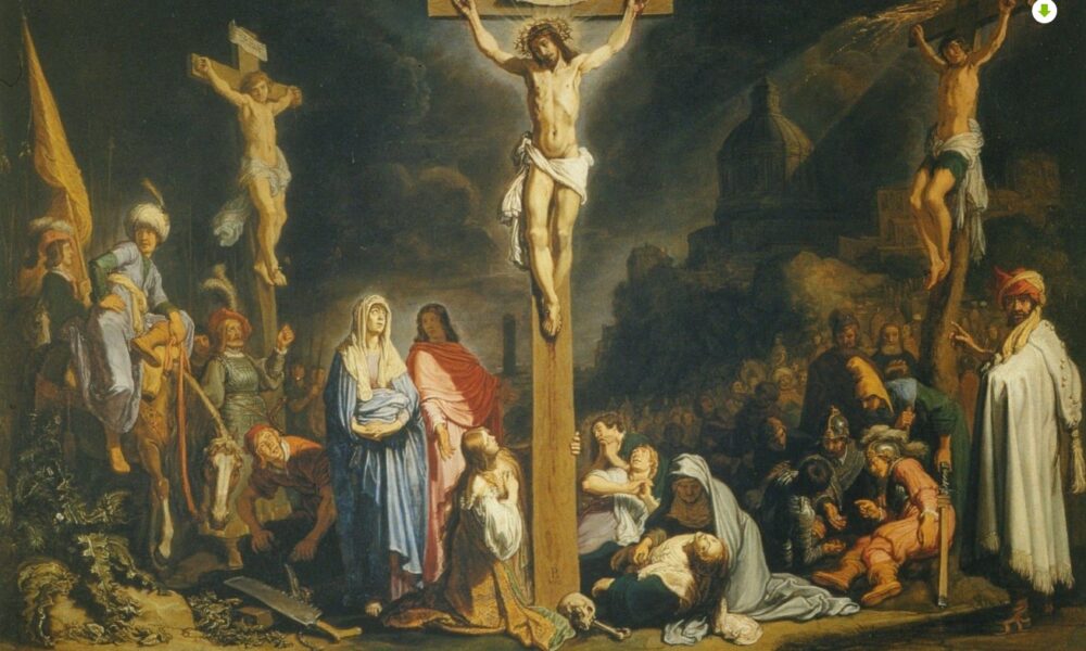 Pintura de la crucifixión de Jesús en el Gólgota durante el Viernes Santo