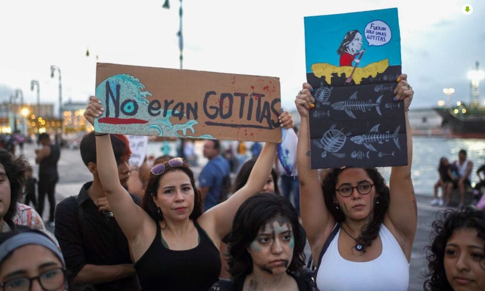 Manifestantes en Veracruz con pancartas protestando por derrame de petróleo en el Golfo de México
