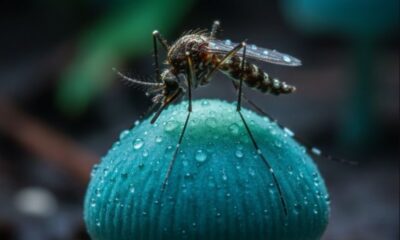 Mosquito sobre superficie con gotas de agua relacionado con control biológico mediante hongo