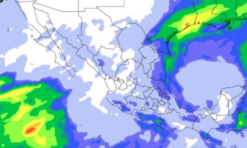 Mapa meteorológico de México mostrando zonas de lluvia intensa y tormentas en Puebla
