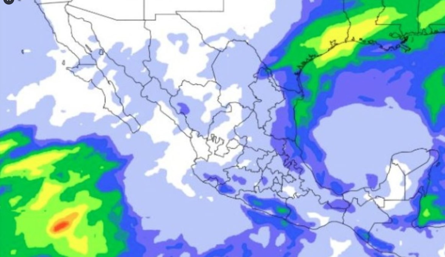 Mapa meteorológico de México mostrando zonas de lluvia intensa y tormentas en Puebla