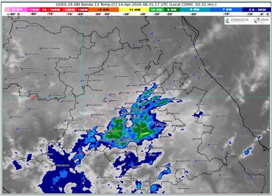 Mapa meteorológico con lluvias en el centro de México incluyendo Puebla