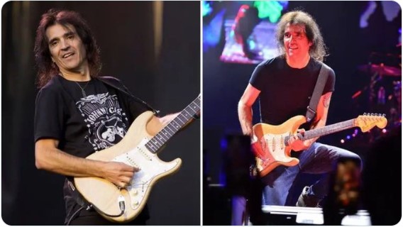 Músico tocando guitarra en escenario durante presentación en vivo