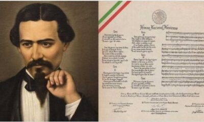 Retrato de Francisco González Bocanegra junto a partitura del Himno Nacional Mexicano