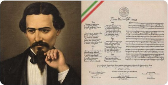 Retrato de Francisco González Bocanegra junto a partitura del Himno Nacional Mexicano