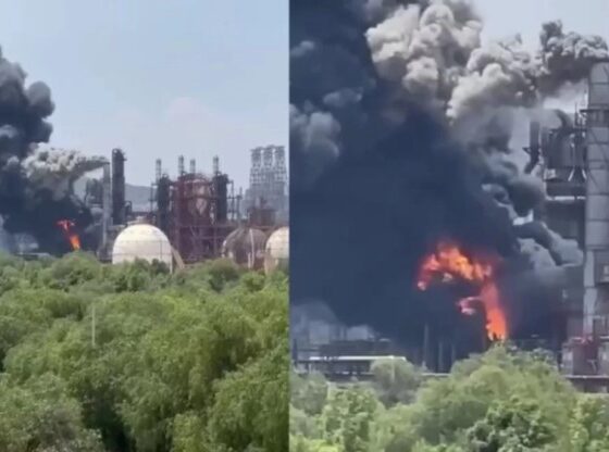 Explosión en refinería de Tula con columna de humo negro visible