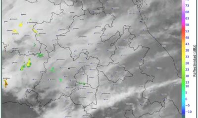 Mapa meteorológico de Puebla mostrando nubosidad, lluvias y tormentas en desarrollo con riesgo en Atlixco