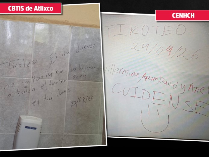 Mensajes de amenaza escritos en paredes y hojas en escuelas de Puebla alertando sobre posibles tiroteos