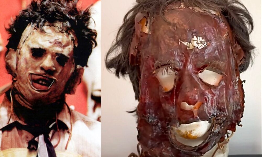 Máscara original de Leatherface deteriorada con el paso del tiempo en película de terror de 1974