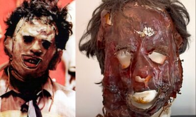 Máscara original de Leatherface deteriorada con el paso del tiempo en película de terror de 1974