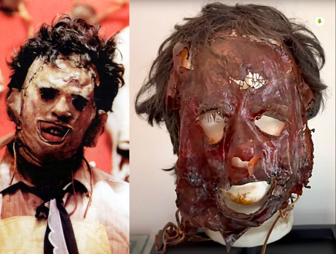 Máscara original de Leatherface deteriorada con el paso del tiempo en película de terror de 1974