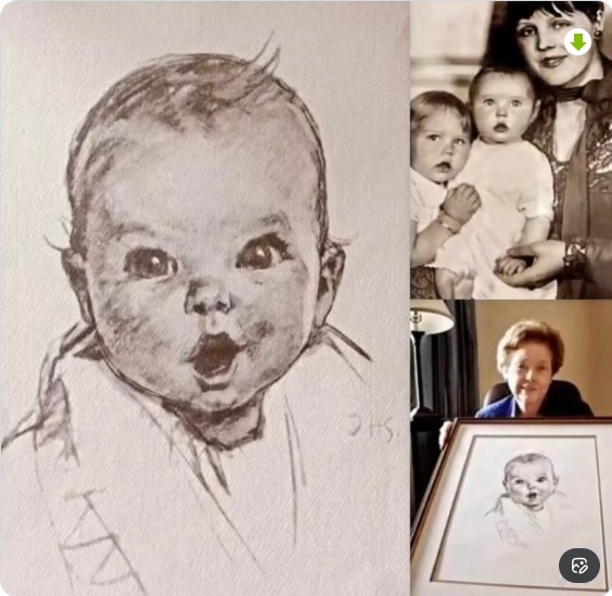 Dibujo original del bebé Gerber junto a fotografías de Ann Turner Cook en diferentes etapas de su vida