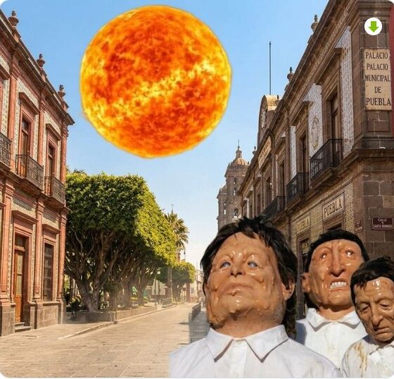Imagen humorística de calor extremo en Atlixco con figuras derritiéndose bajo el sol