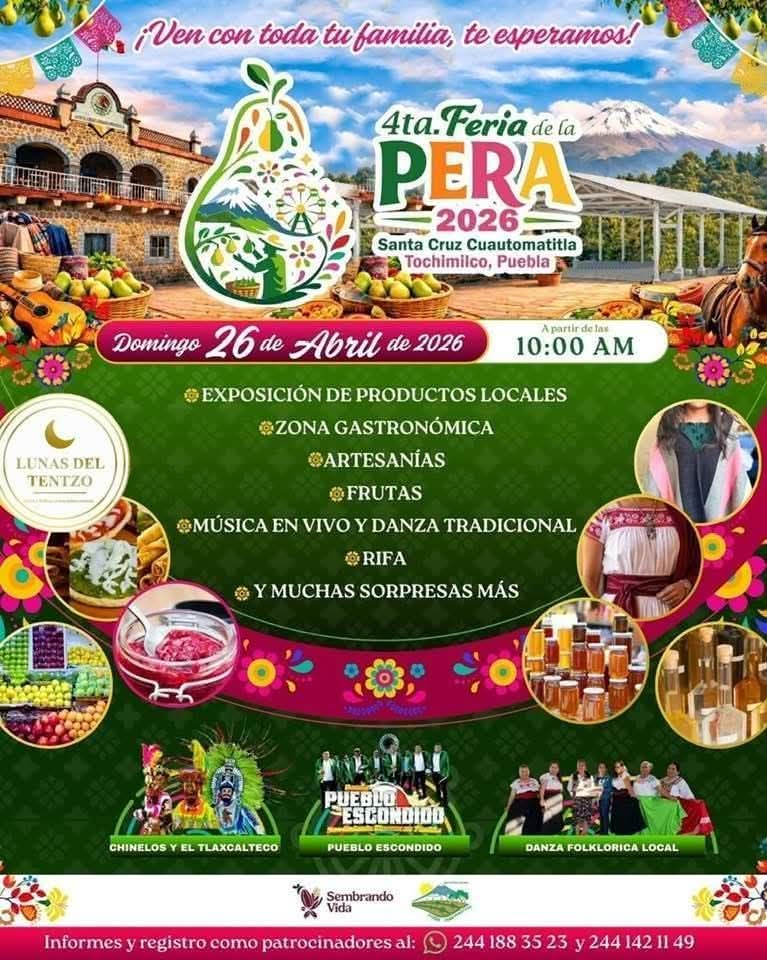 Cartel de la Feria de la Pera 2026 en Tochimilco con actividades culturales y gastronómicas