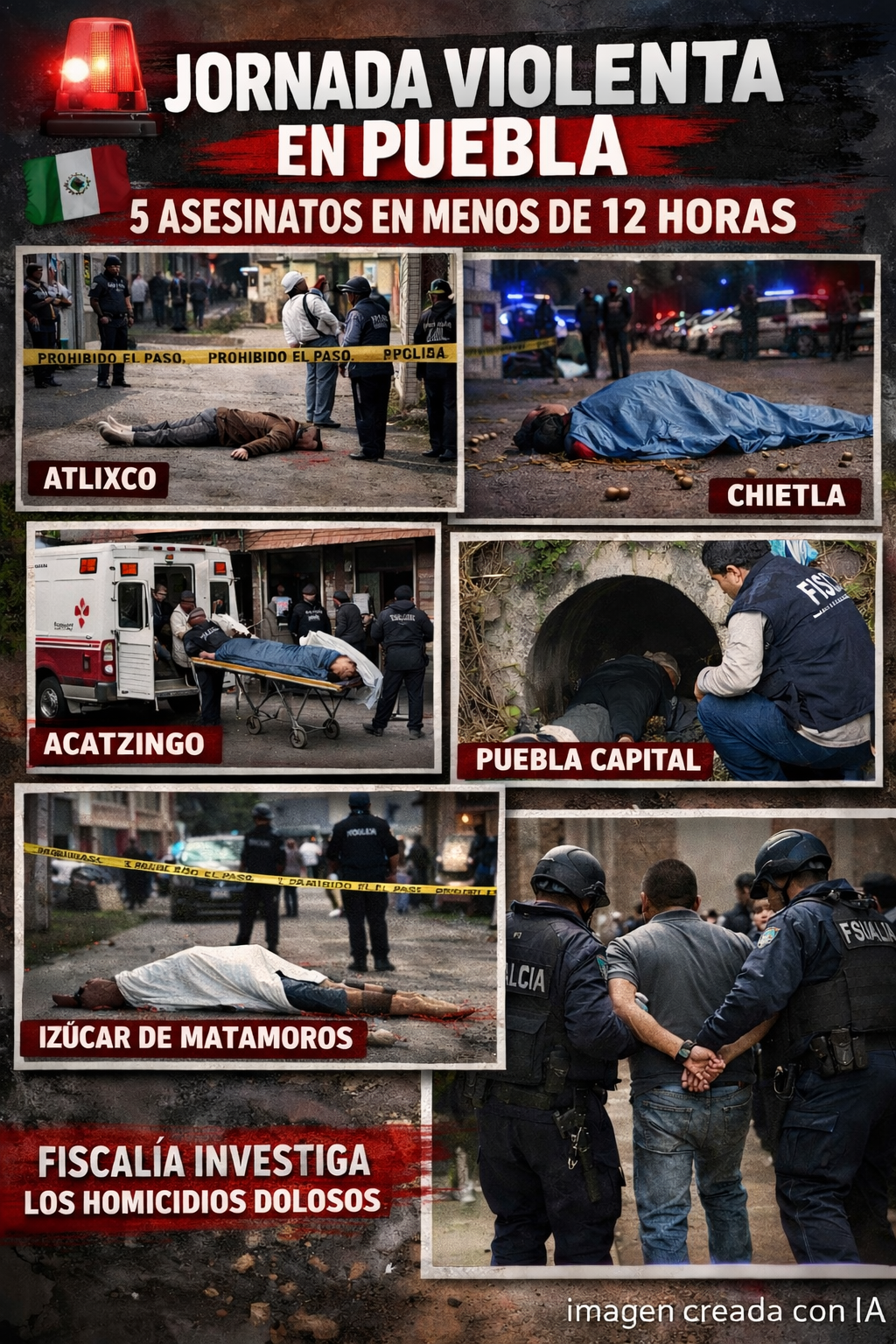 Escenas de crimen en Puebla con presencia policial y acordonamiento tras múltiples homicidios