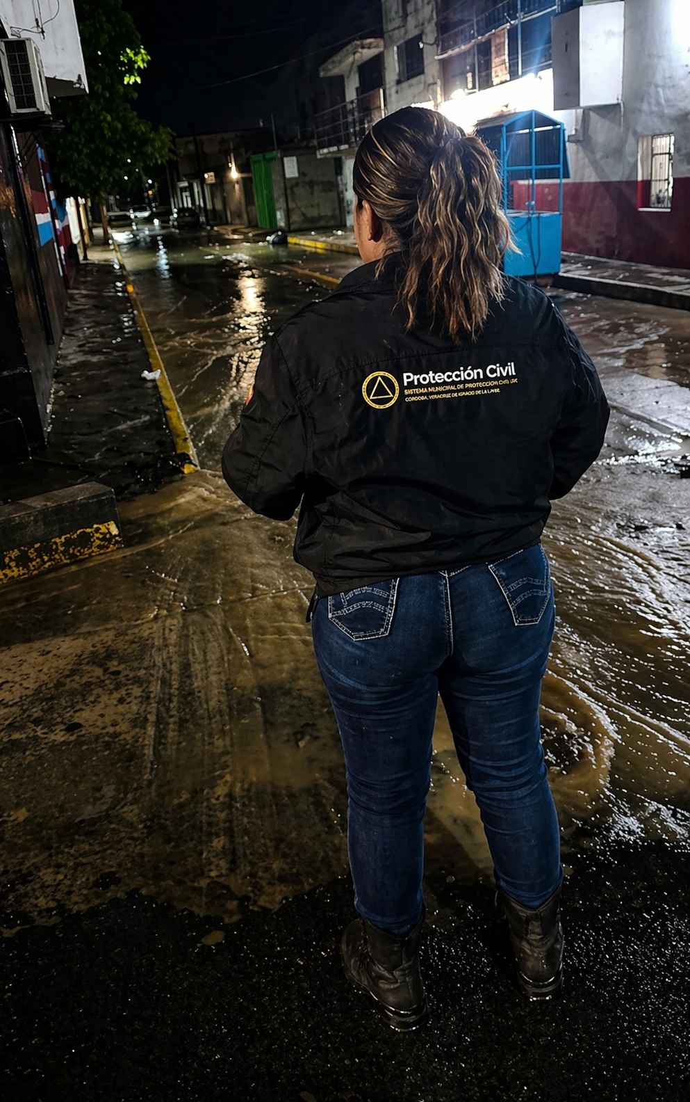 Elemento de Protección Civil supervisando calle inundada en Atlixco durante la noche tras lluvias