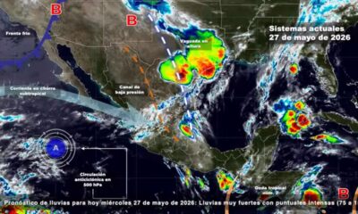 Mapa meteorológico con pronóstico de lluvias, tormentas y actividad eléctrica para Puebla y Atlixco este 27 de mayo de 2026.