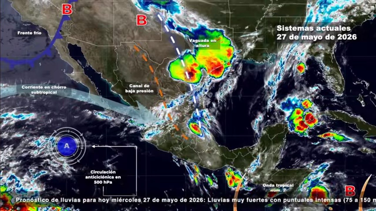 Mapa meteorológico con pronóstico de lluvias, tormentas y actividad eléctrica para Puebla y Atlixco este 27 de mayo de 2026.