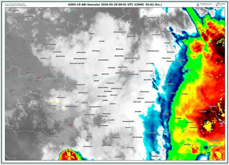 Imagen satelital GOES-19 mostrando lluvias y tormentas eléctricas sobre Puebla y el Valle de Atlixco-Matamoros.