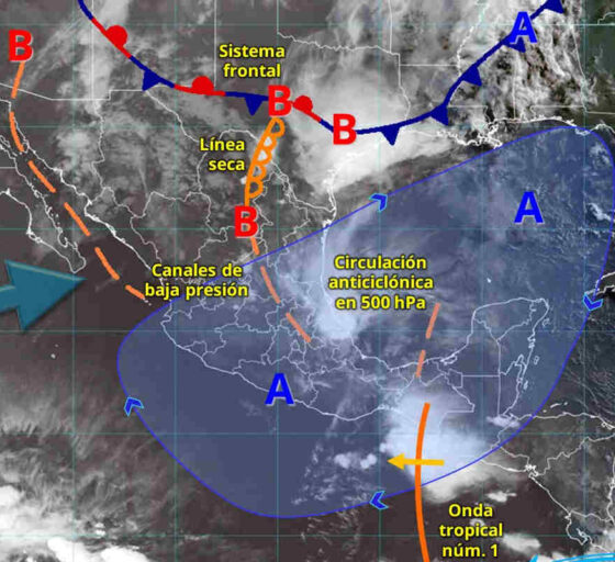 Mapa meteorológico del 20 de mayo de 2026 que muestra sistemas de baja presión, lluvias fuertes y ambiente caluroso en Puebla y Atlixco.