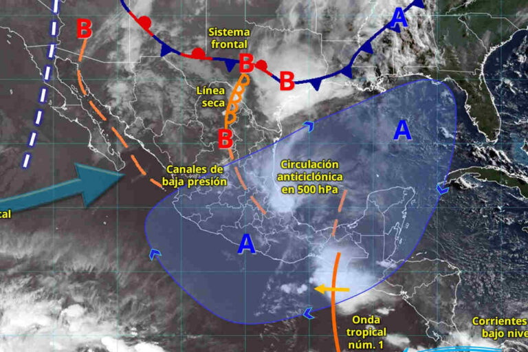 Mapa meteorológico del 20 de mayo de 2026 que muestra sistemas de baja presión, lluvias fuertes y ambiente caluroso en Puebla y Atlixco.