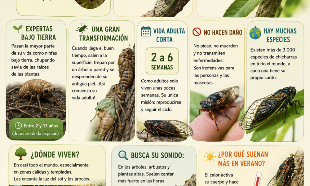 Infografía educativa sobre las chicharras, su sonido, ciclo de vida, hábitat e importancia ecológica durante el verano en México.