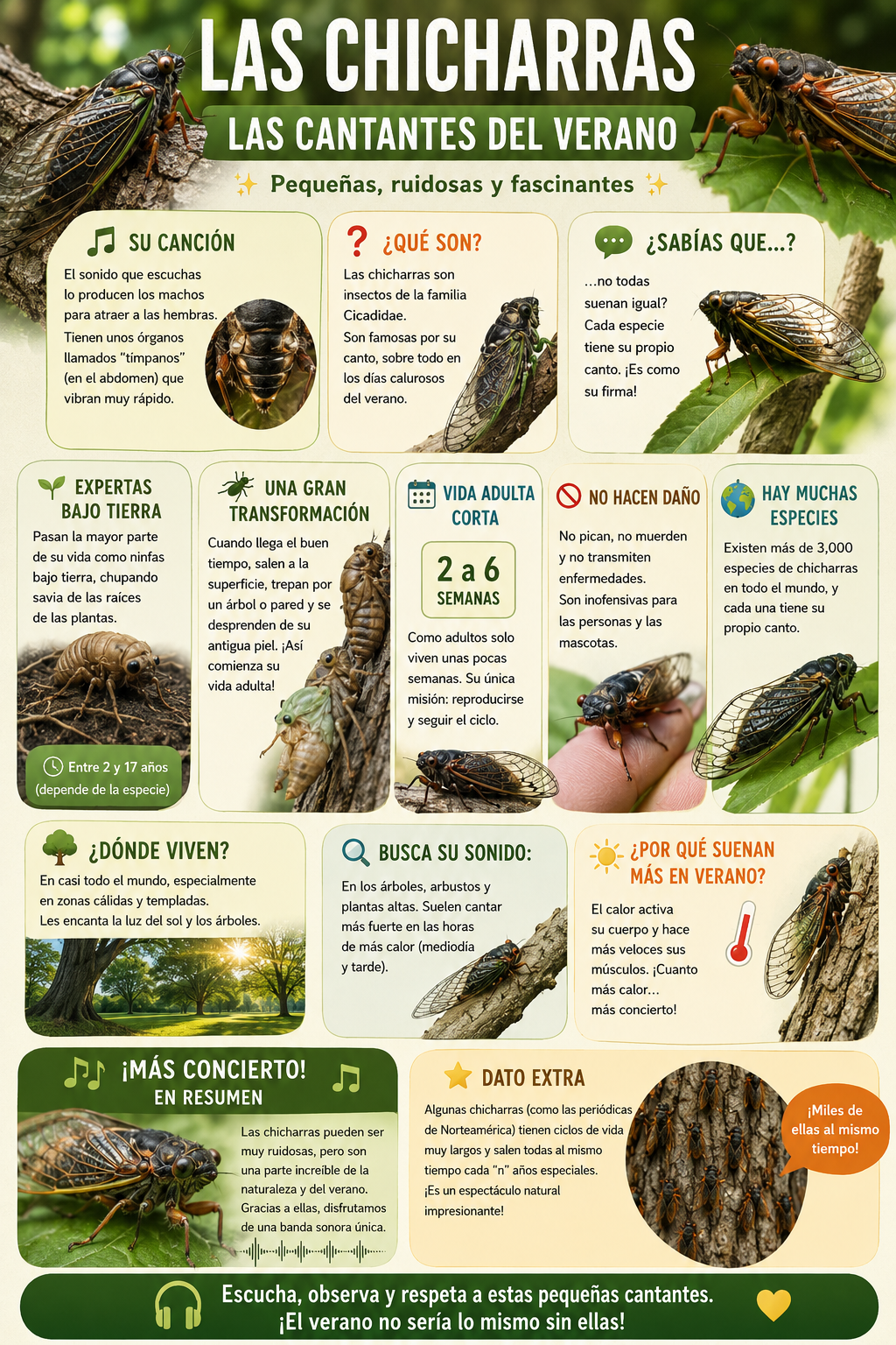 Infografía educativa sobre las chicharras, su sonido, ciclo de vida, hábitat e importancia ecológica durante el verano en México.