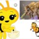 Imagen ilustrativa sobre el Día Mundial de las Abejas con caricaturas y fotografía de una abeja polinizando flores.
