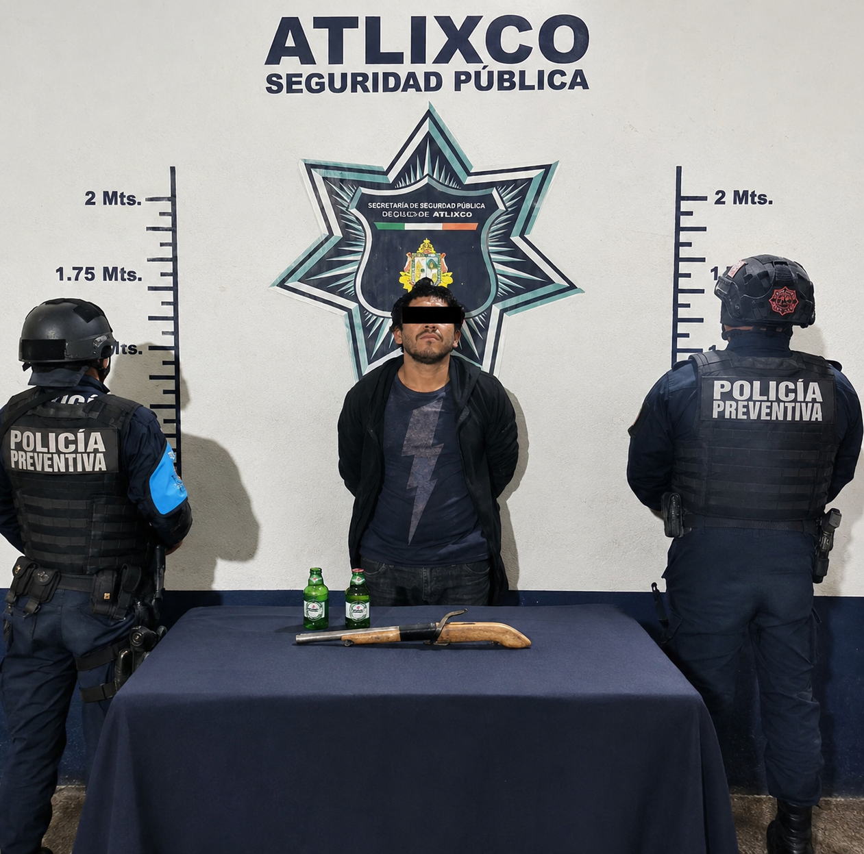 Policía Municipal de Atlixco presenta a un hombre detenido por presunta portación de arma de fuego hechiza en la colonia San José Cuauhtémoc.