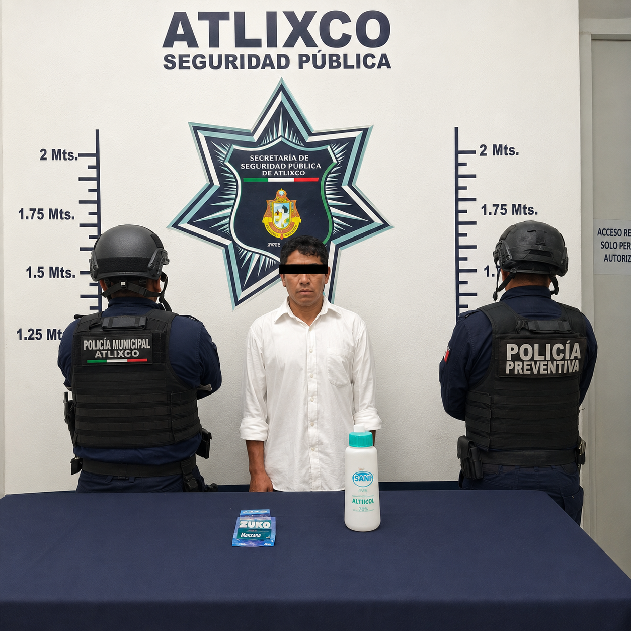 Elementos de la Policía Municipal de Atlixco presentan a un hombre detenido por presunto robo a comercio en la colonia Revolución.
