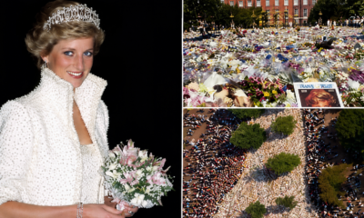 Imagen de la princesa Diana junto a homenajes florales masivos realizados en Inglaterra tras su fallecimiento.