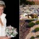 Imagen de la princesa Diana junto a homenajes florales masivos realizados en Inglaterra tras su fallecimiento.