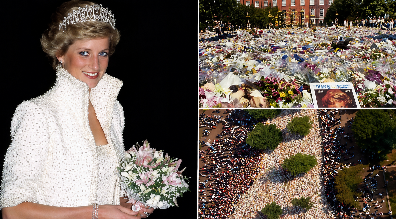 Imagen de la princesa Diana junto a homenajes florales masivos realizados en Inglaterra tras su fallecimiento.