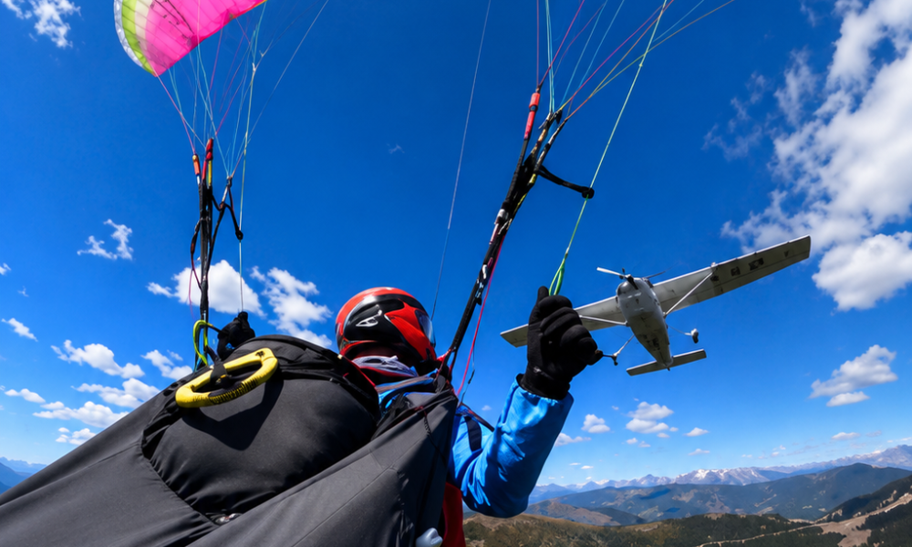 Parapentista en pleno vuelo momentos antes de un accidente con una avioneta Cessna 172 cerca de Zell am See, Austria.
