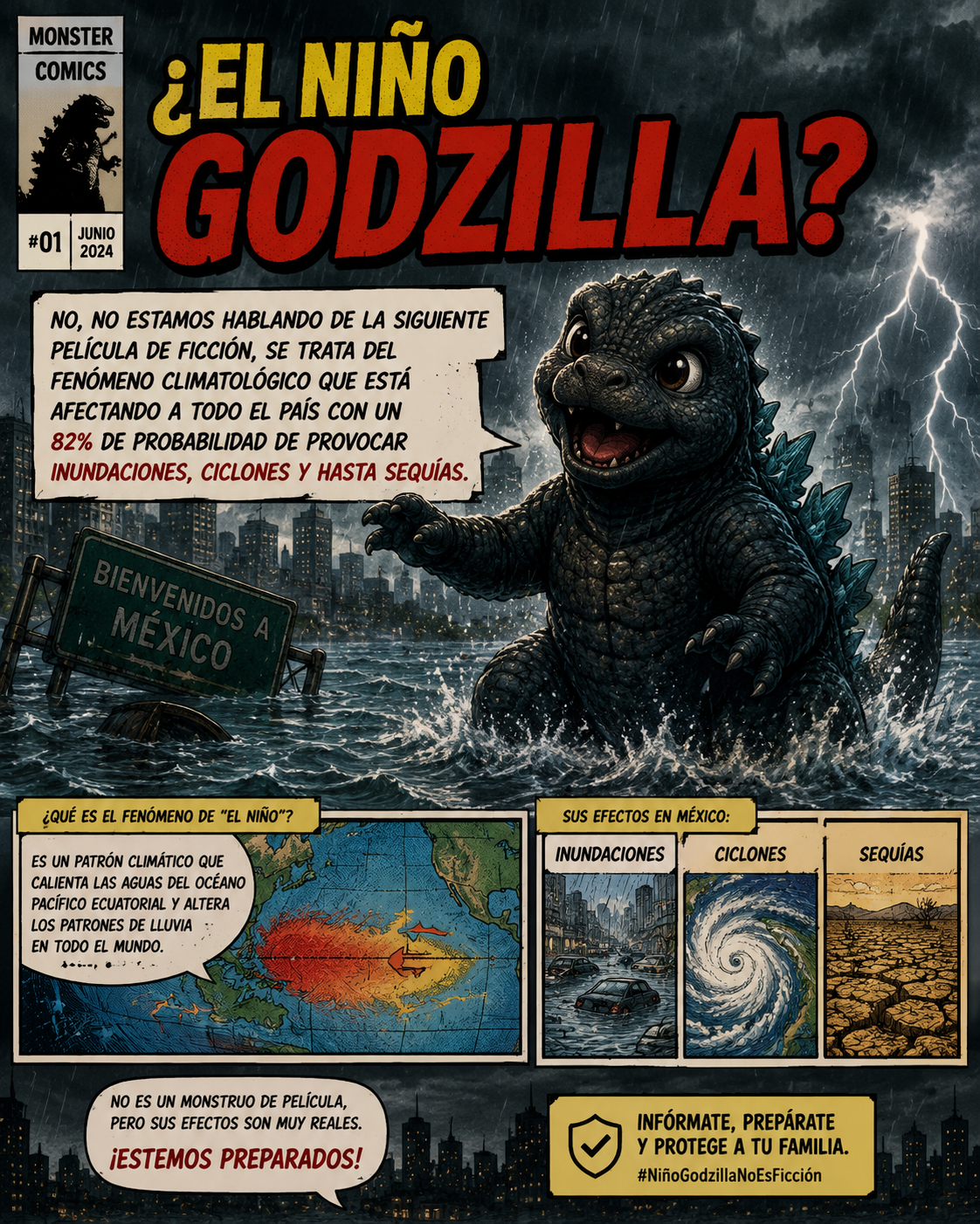 Imagen estilo cómic sobre el fenómeno climático El Niño comparado con Godzilla y sus efectos en México.