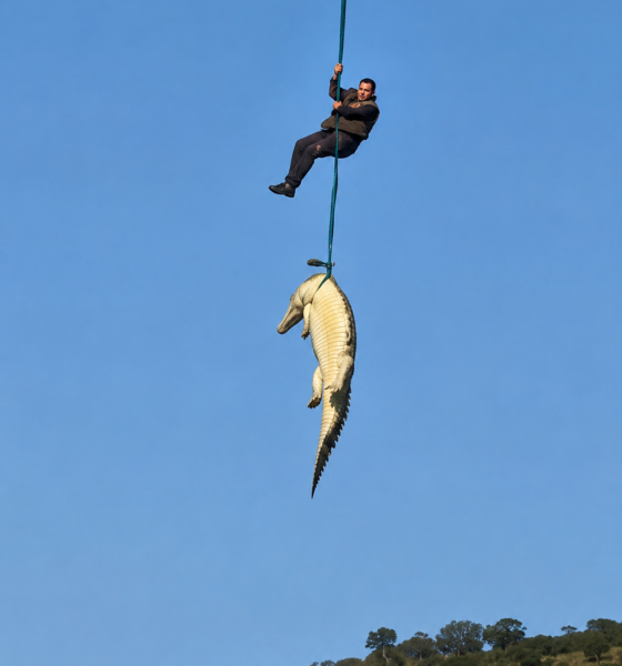 Hombre suspendido sobre un cocodrilo en referencia a riesgos relacionados con fauna salvaje