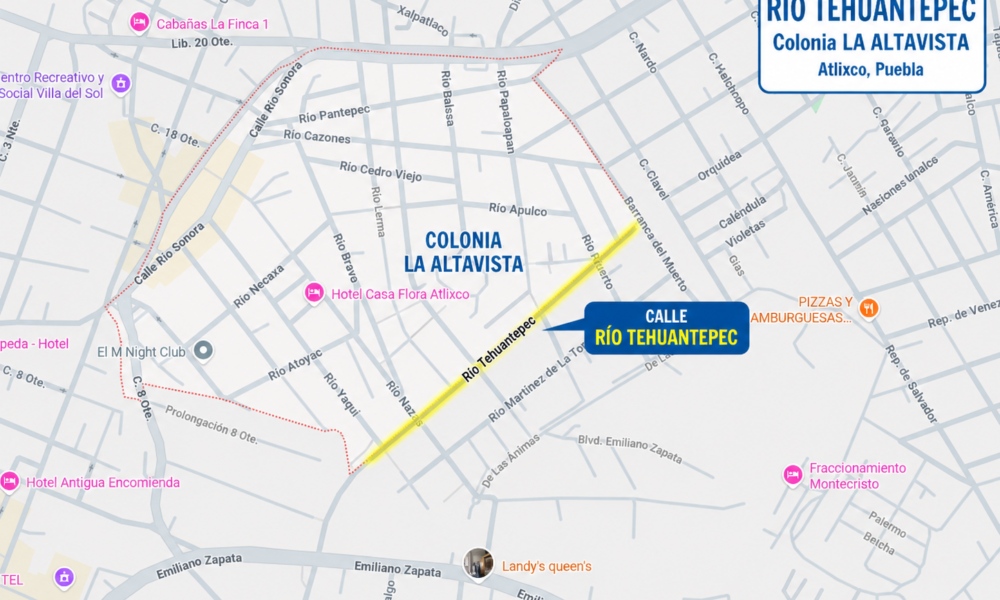 Mapa de la colonia La Altavista y perro reportado en la calle Río Tehuantepec de Atlixco