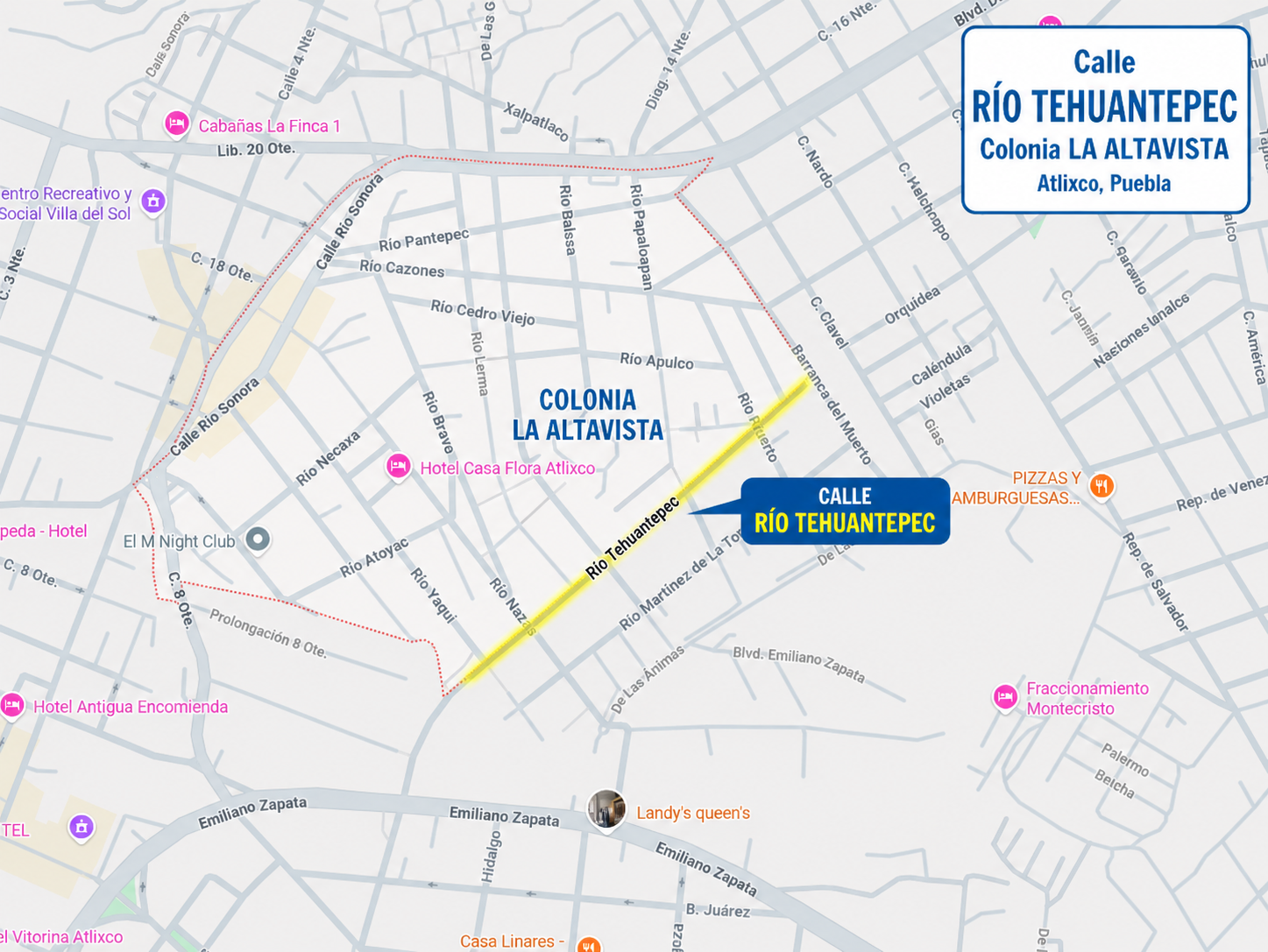 Mapa de la colonia La Altavista y perro reportado en la calle Río Tehuantepec de Atlixco